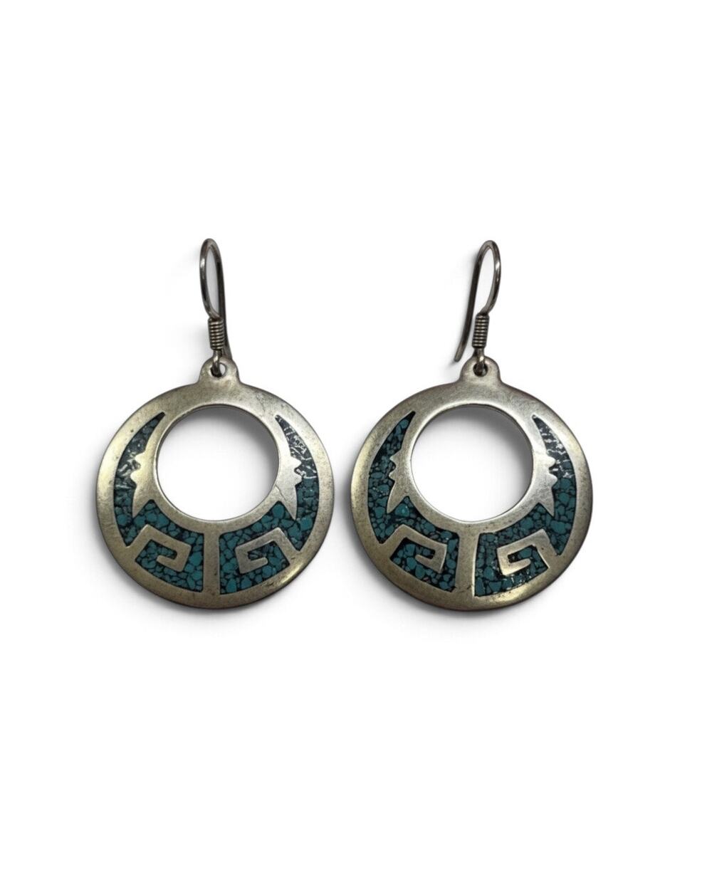 Vintage Taxco Mexico Turquoise Inlay Silver Hoop Drop Earrings